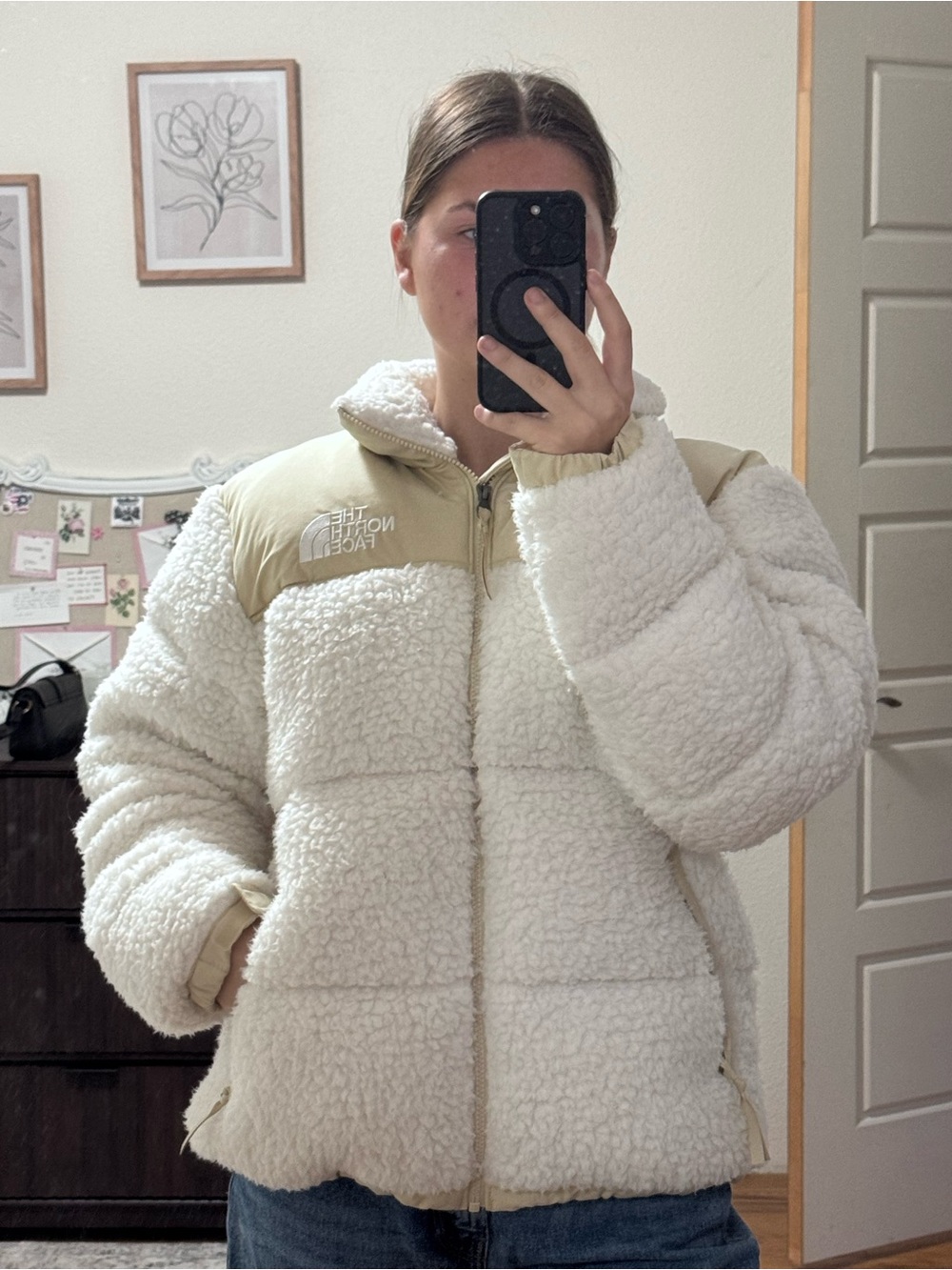 The North Face Women's Cream Sherpa Puffer with Tan Yoke